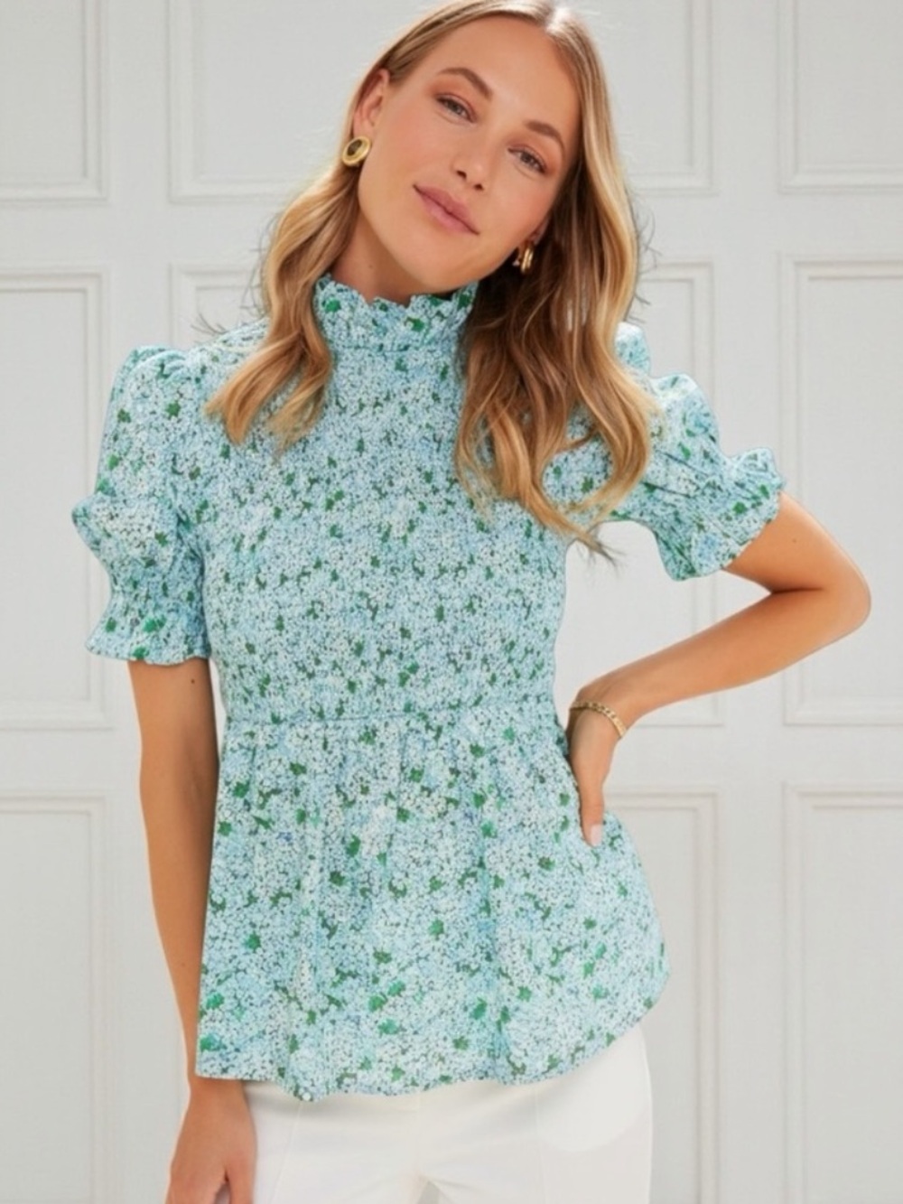 Tuckernuck Blue and Green Floral Smocked High-Neck Blouse
